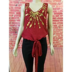 Ya-Ya Red Silky Beautiful Embellished Women's Top Blouse Size L NWT! (B4)